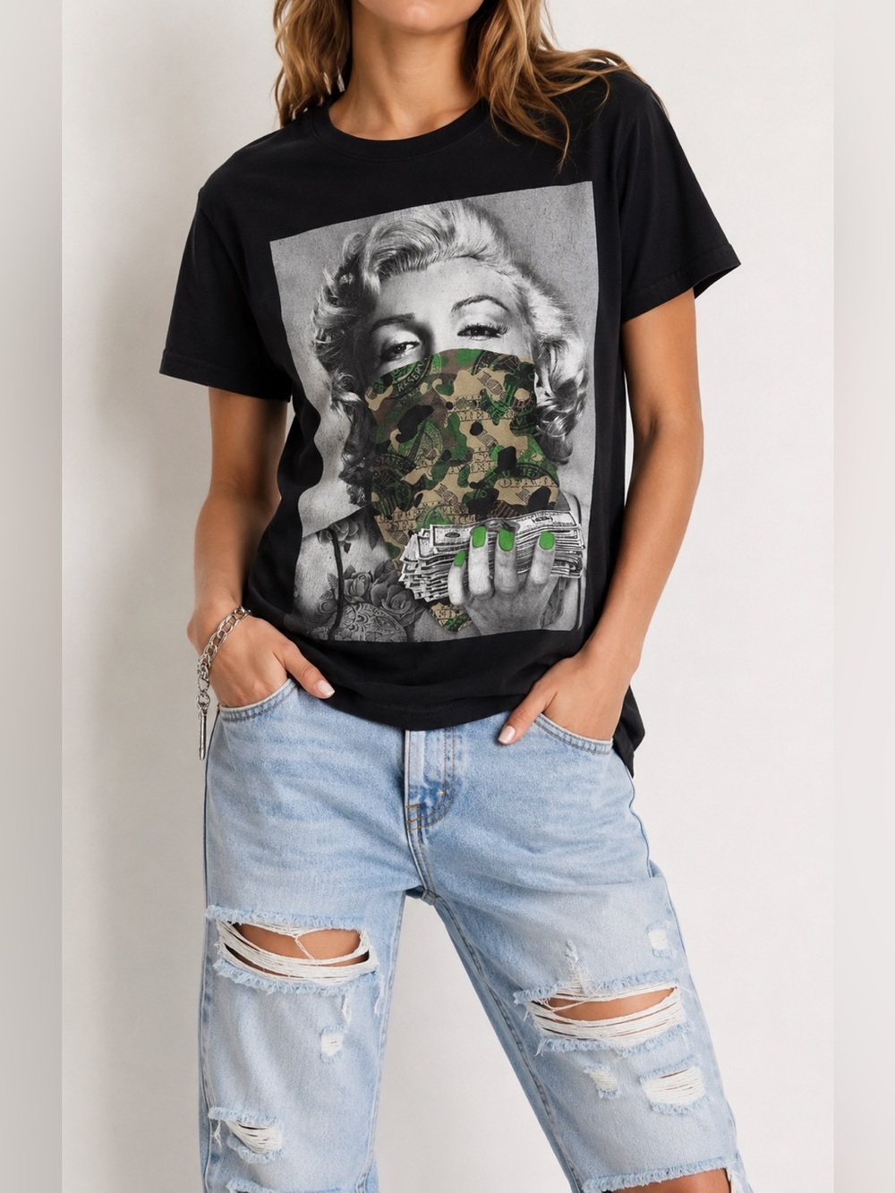 ProperTees Marilyn Monroe Money Graphic T-Shirt Black Cotton Tee Size S